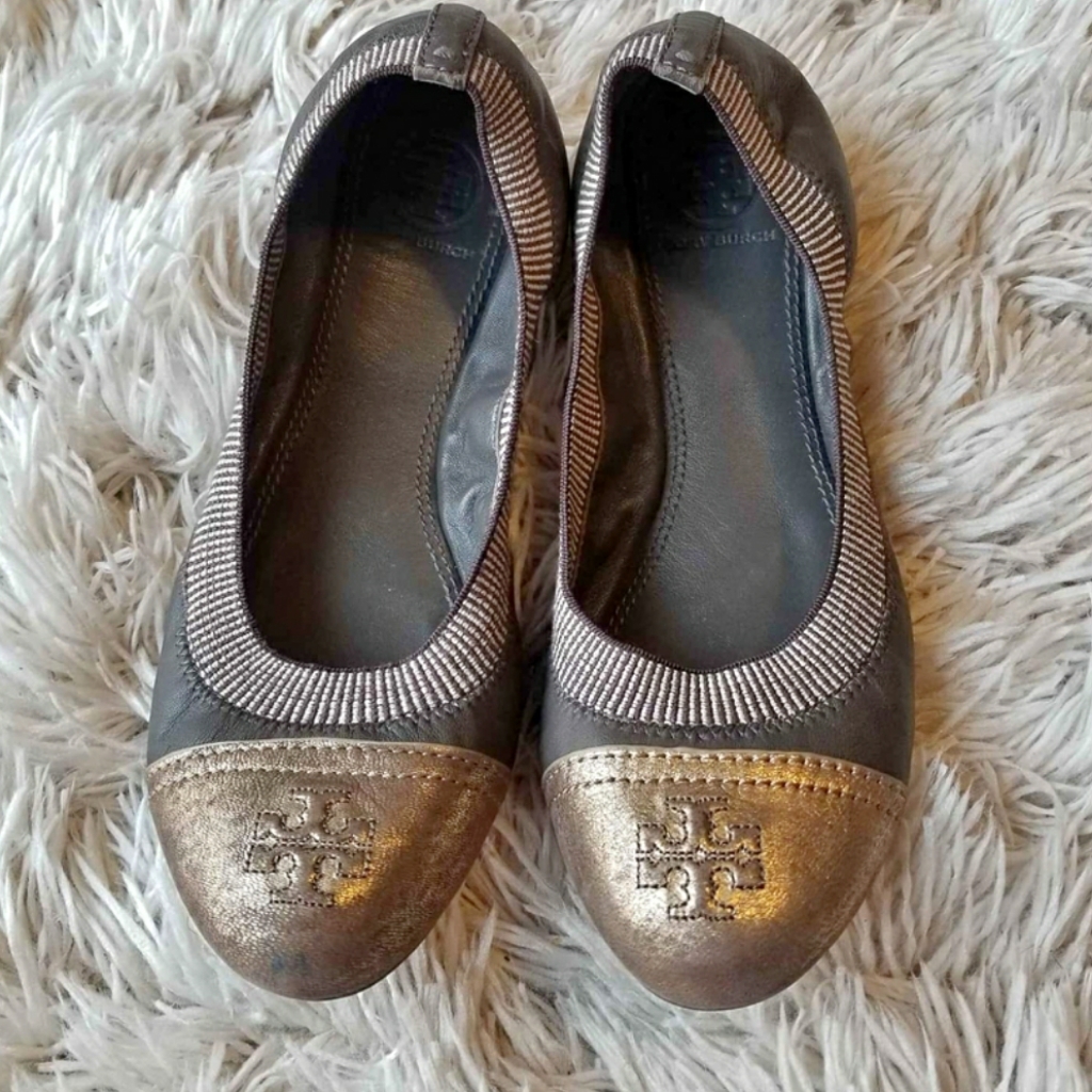 Tory Burch Designer Silver Ballet Flats Size 7.5